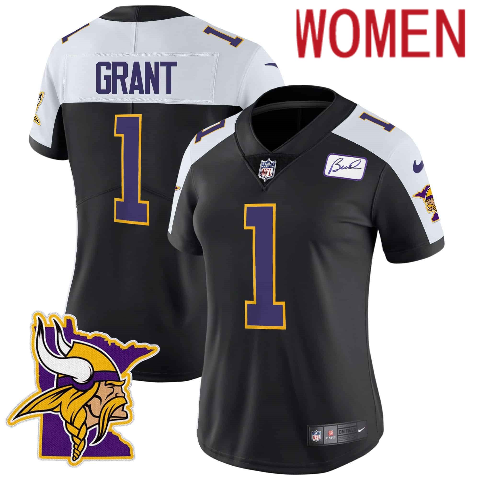 Women Minnesota Vikings 1 Grant Black 2024 Nike Patch Classic Limited NFL Jersey